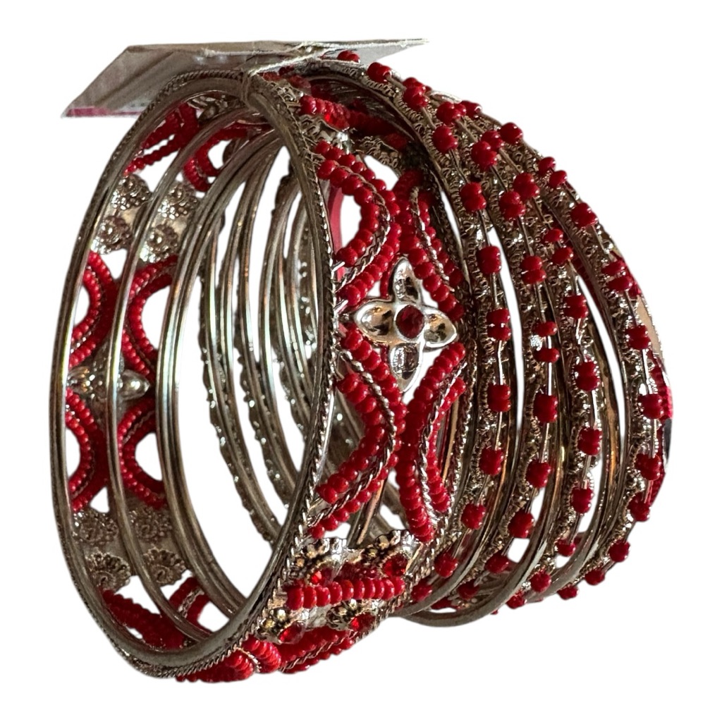 Kohls Red Silver Beaded Bangles One Size Nwt 13$